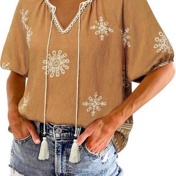 Womens Summer Boho Tops Casual V Neck Short Sleeve Blouses Floral Print Shirt Ti - Picture 4 of 7